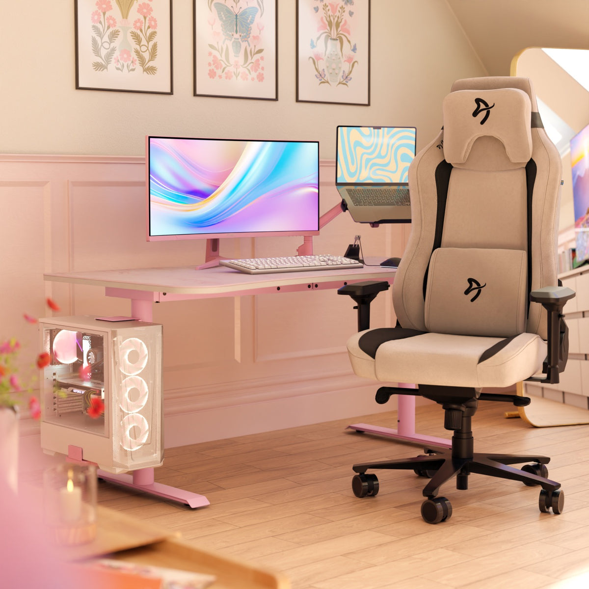 Pastel setup with Arozzi Europe Nova 34″ Curved VA 165Hz monitor and chic wall art in bright room.