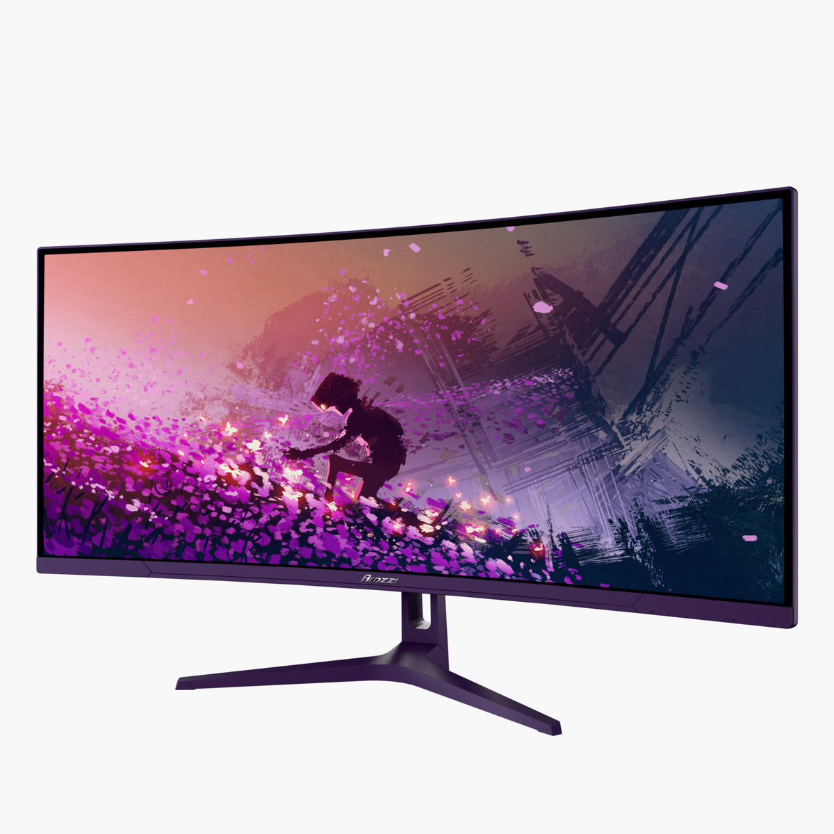 Arozzi Nova 34″ Curved VA 165Hz shows digital art of a person in a purple, flowery landscape.