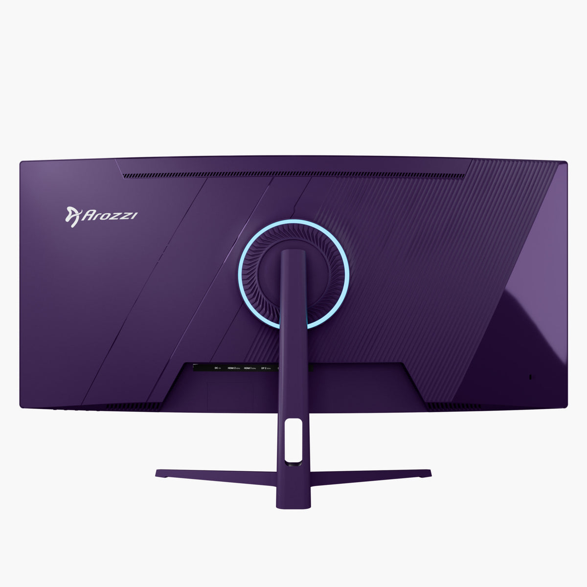 Rear of Arozzi Europe Nova 34″ Curved VA 165Hz gaming monitor with purple light and patterns.
