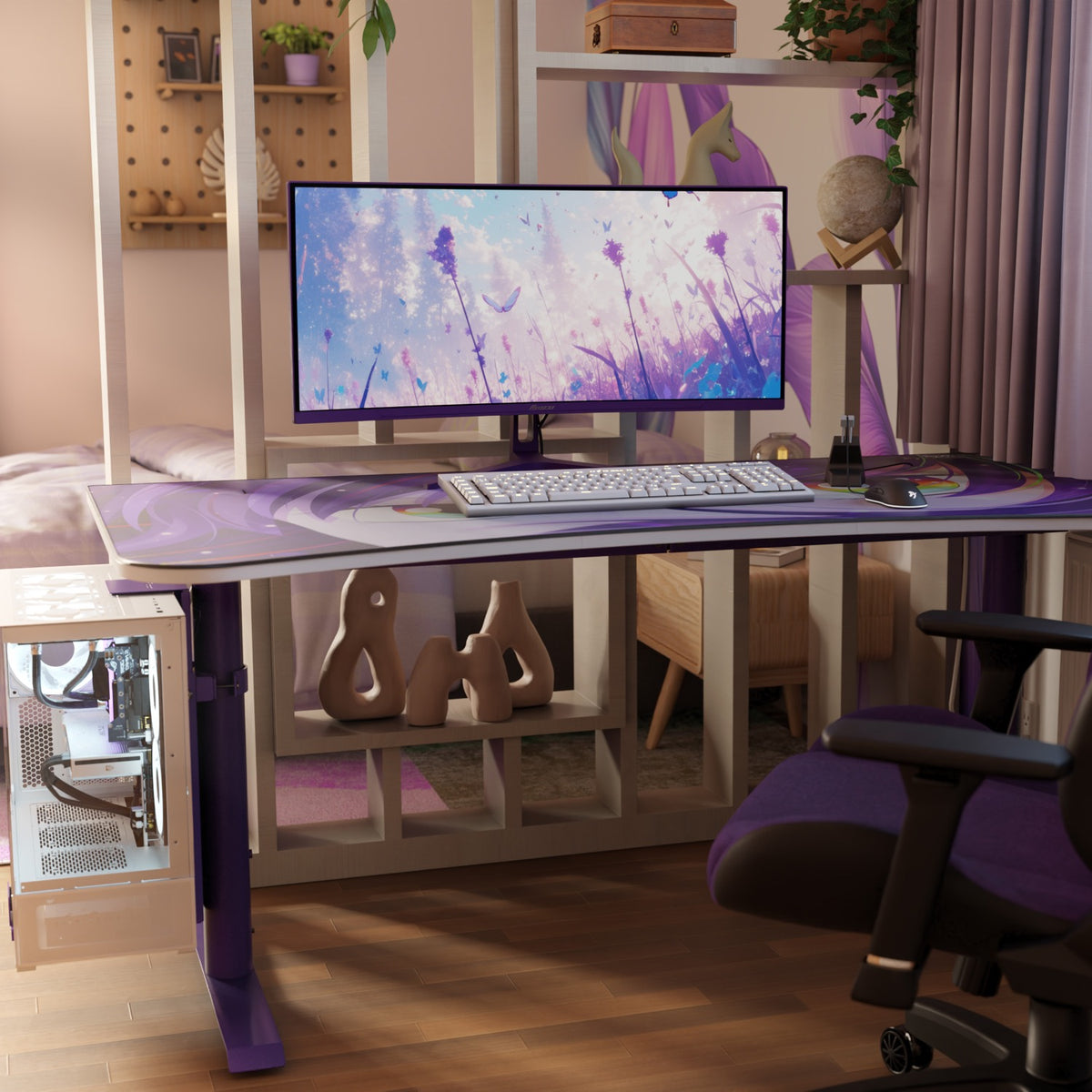 A pastel-themed desk with an Arozzi Nova 34″ Curved VA 165Hz gaming monitor and abstract decor.