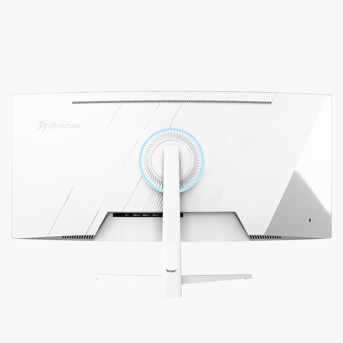 Arozzi Europe Nova 34″ Curved VA 165Hz Gaming Monitor seen from back, light encircling stand.