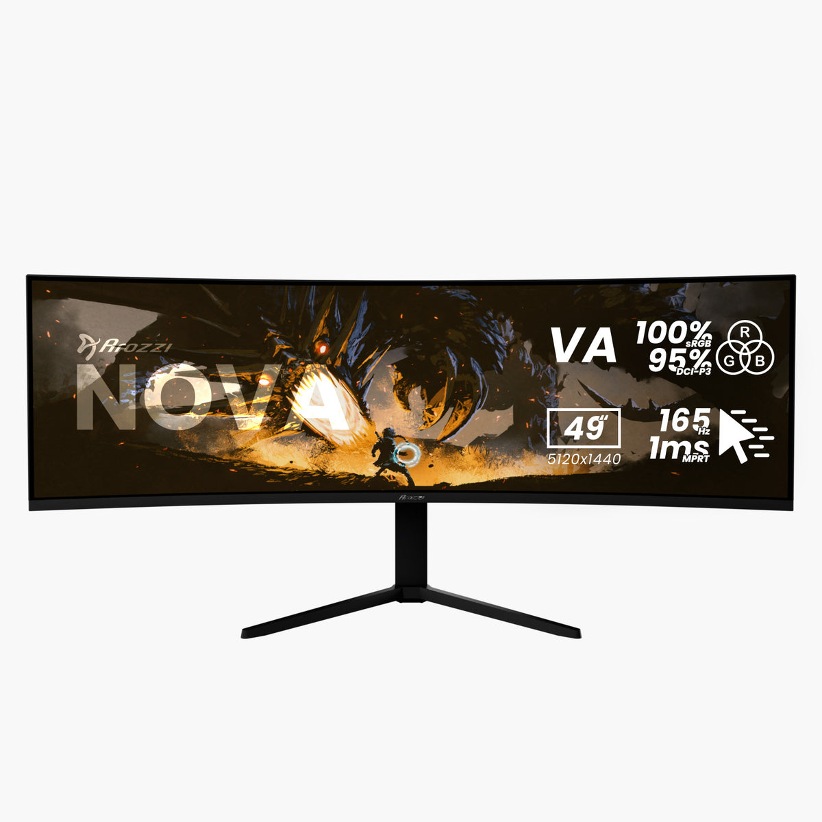 Arozzi Europe Nova 49″ Curved VA 165Hz Ultrawide Gaming Monitor, black stand, white background.