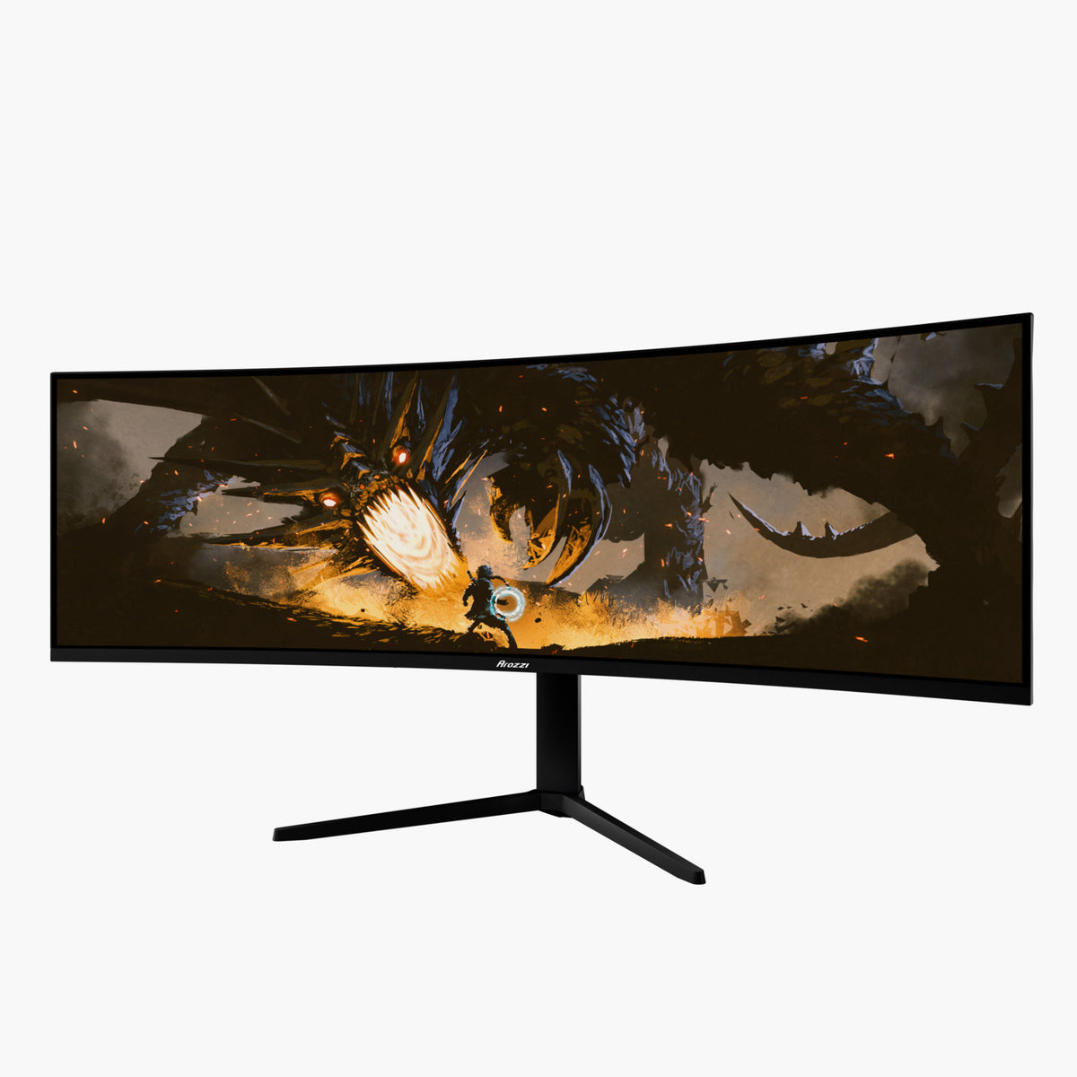 Arozzi Europe Nova 49″ Curved VA 165Hz monitor shows a fantasy battle with a dragon.