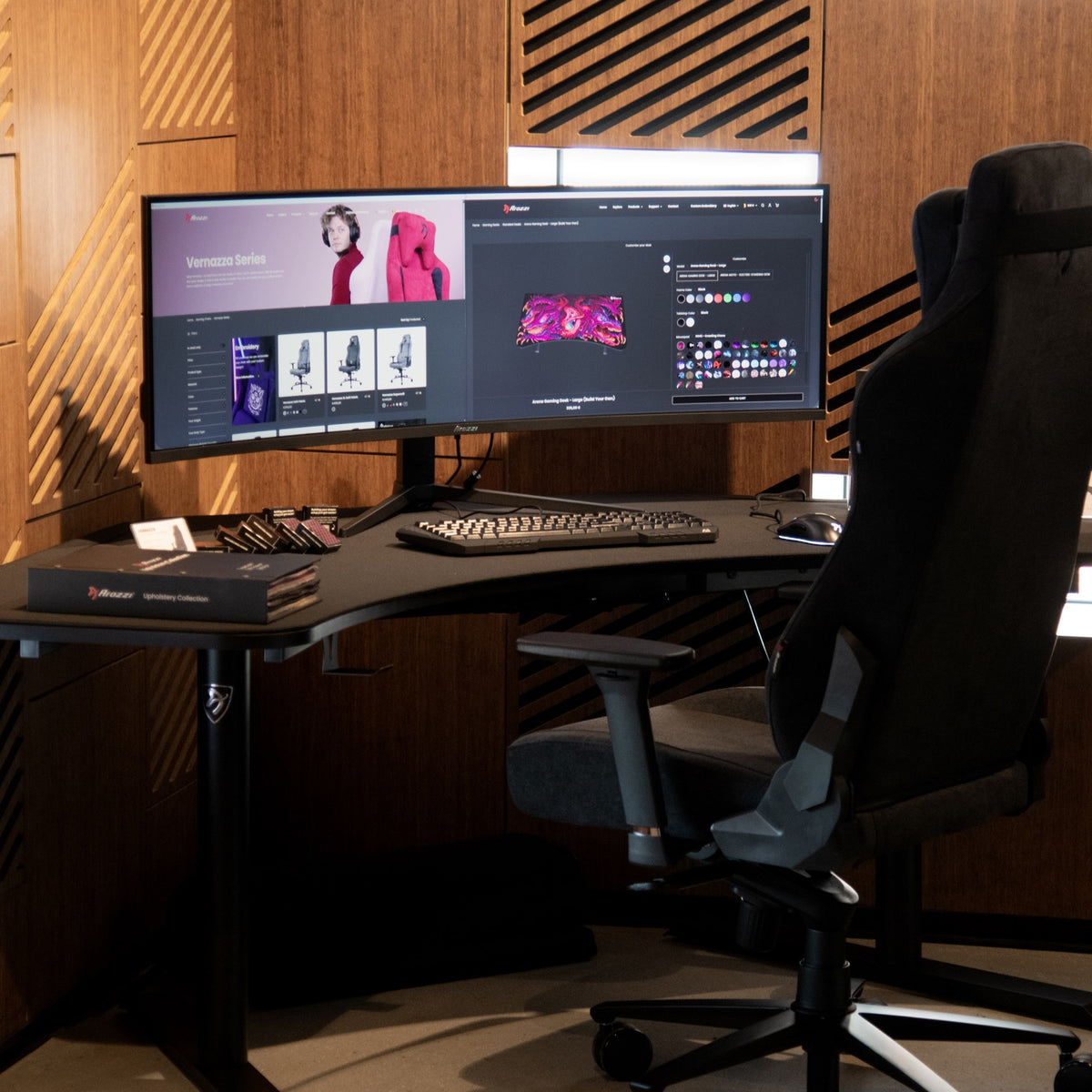 Desk setup with Arozzi Europe Nova 49″ Curved VA 165Hz Monitor, keyboard, and black chair.