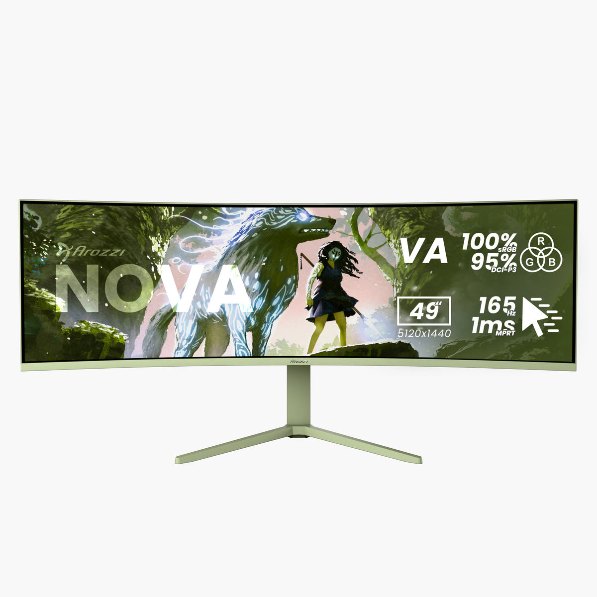 Arozzi Europe Nova 49″ Curved VA 165Hz Ultrawide Gaming Monitor with fantasy art and specs.