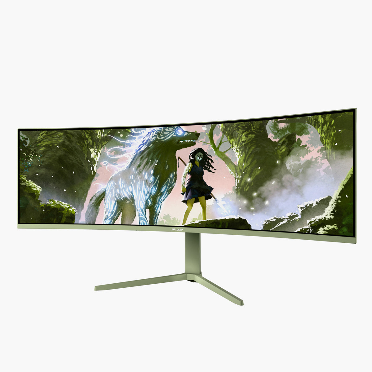 Arozzi Europe Nova 49″ Curved VA 165Hz shows fantasy art: girl and glowing animal in a forest.