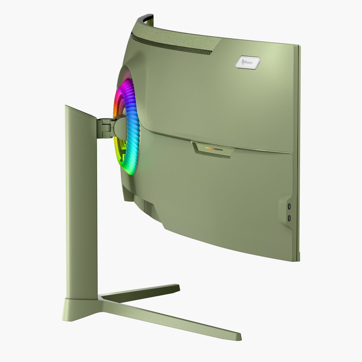 Arozzi Europe Nova 49″ Curved VA 165Hz Gaming Monitor, RGB and green hue, angled view.