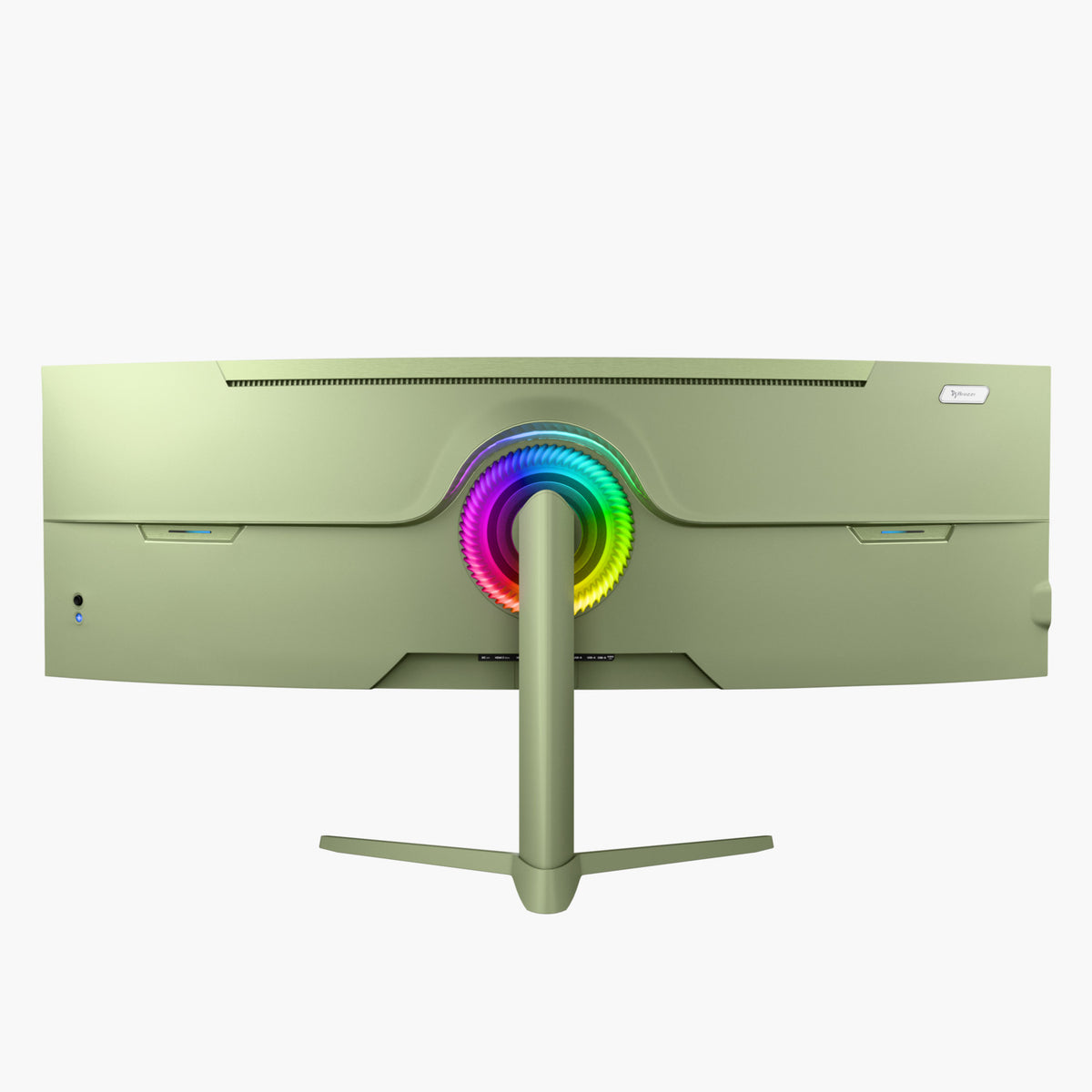 Arozzi Europe Nova 49″ Curved VA 165Hz monitor back with circular RGB light around the stand.