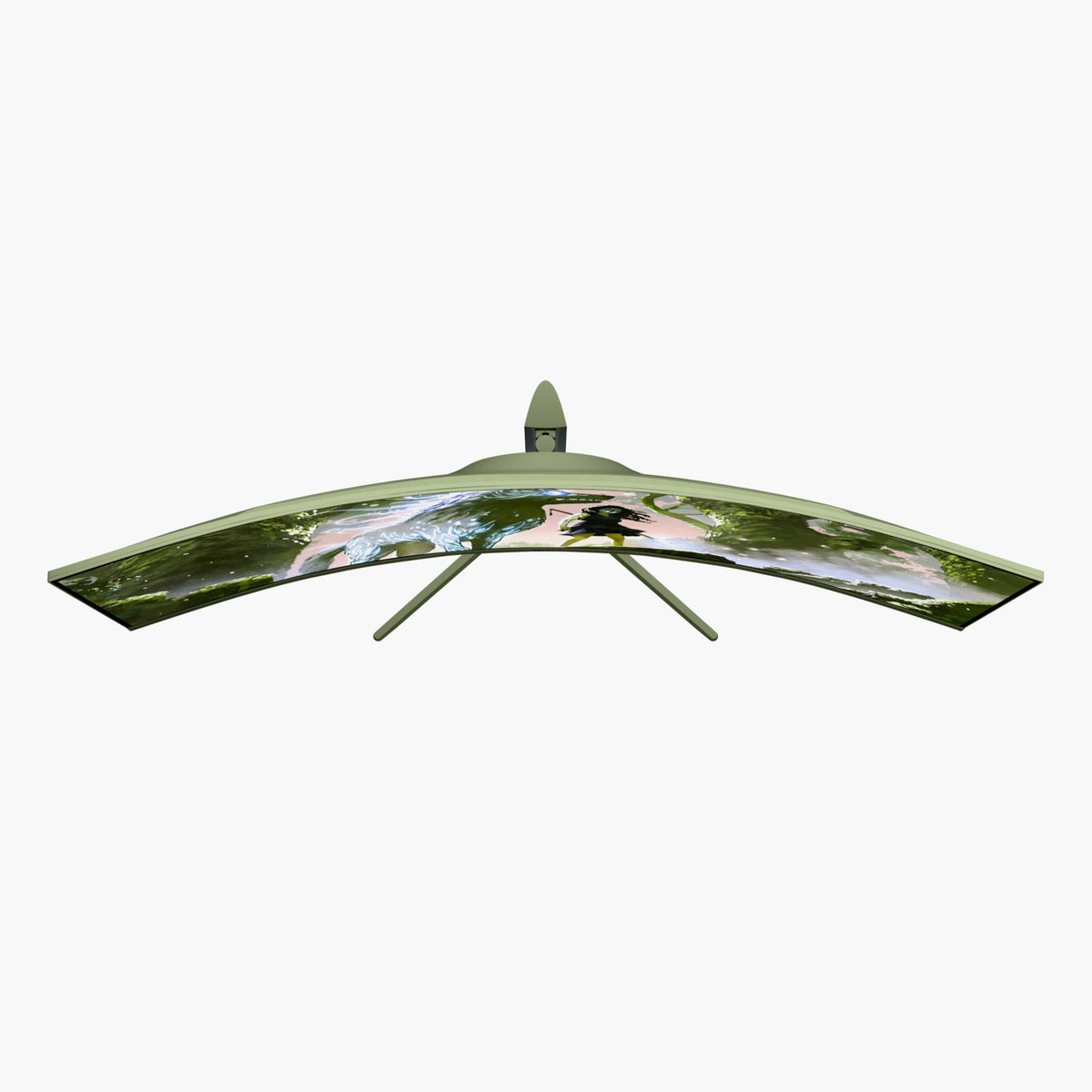A glider with curved wings soars above, echoing the Arozzi Nova 49″ Curved Gaming Monitor.