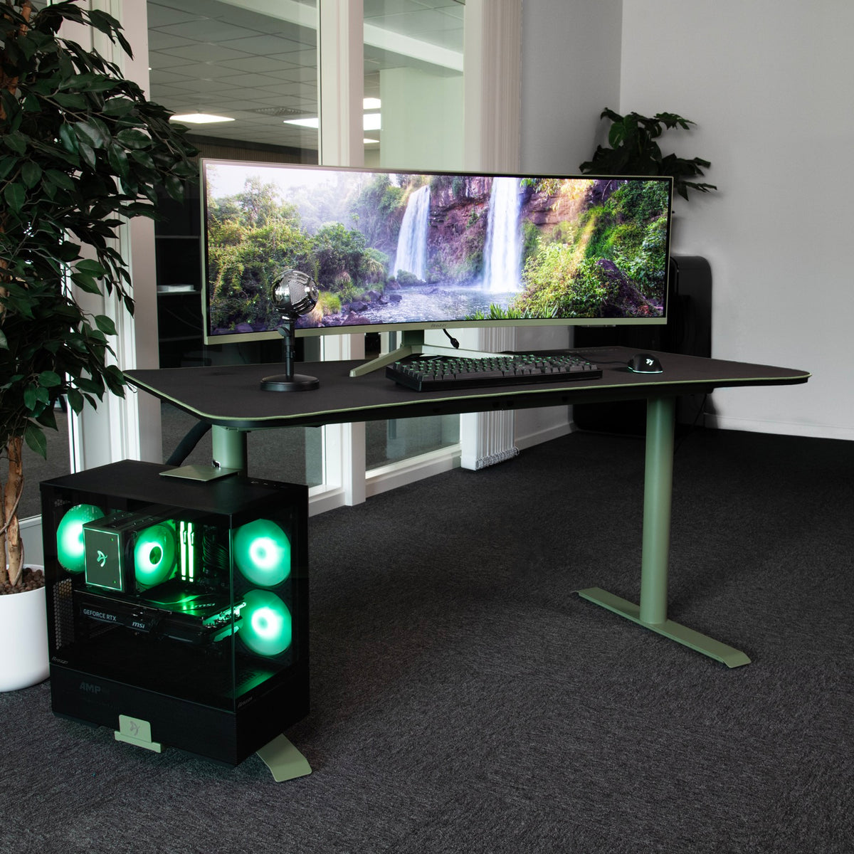 Arozzi Nova 49″ curved ultrawide monitor, keyboard, mic & green-lit PC on modern gaming desk.