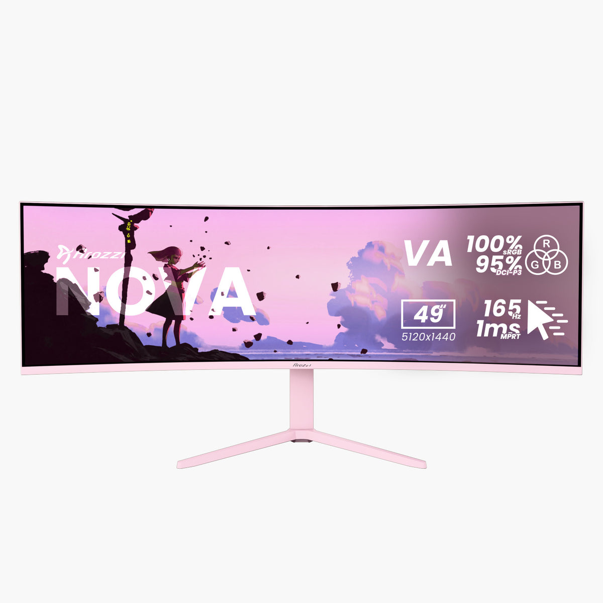 Arozzi Nova 49” Curved VA 165Hz gaming monitor with pink accents on a pastel backdrop.