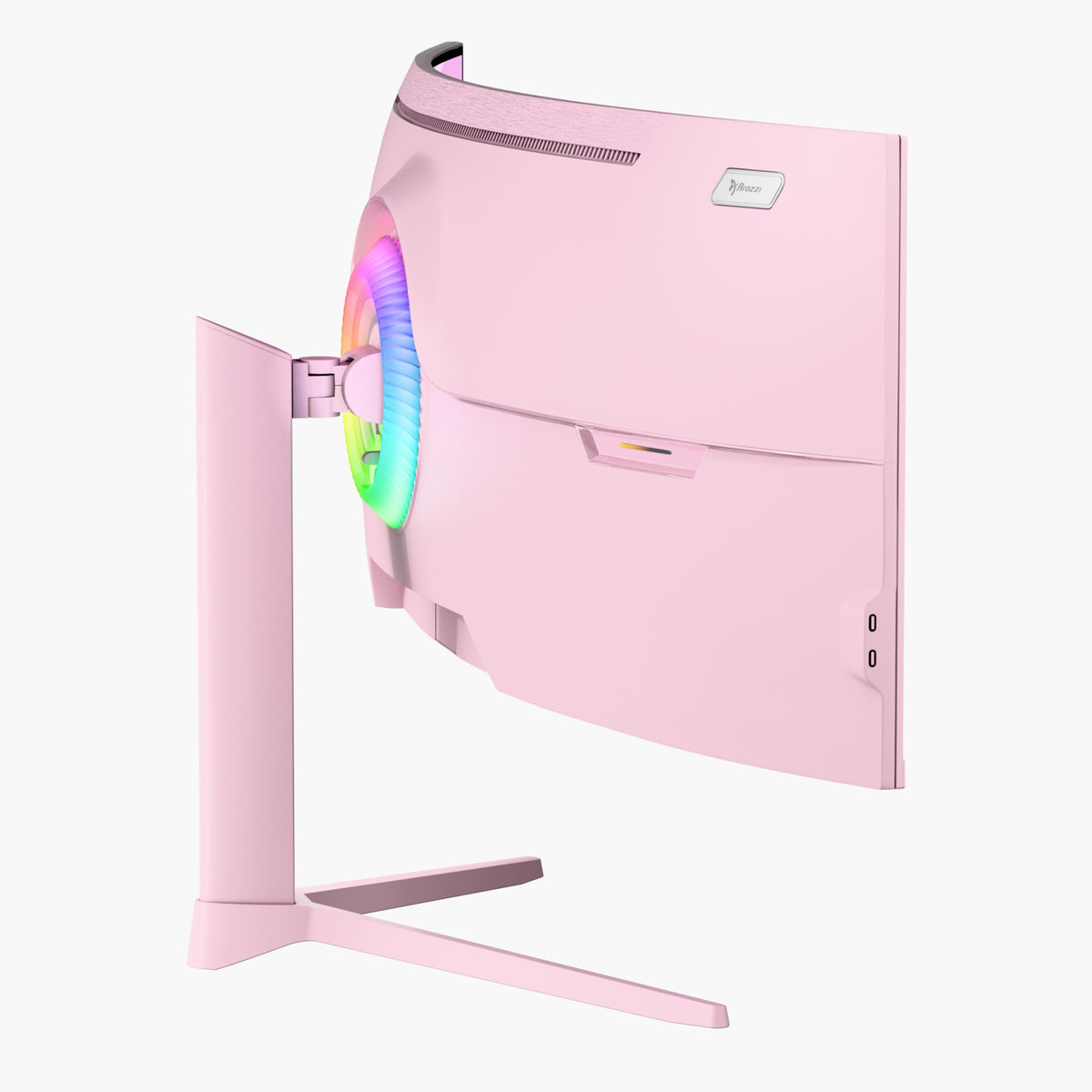 Arozzi Europe Nova 49″ Curved VA 165Hz monitor with rainbow LEDs, shown angled side view.