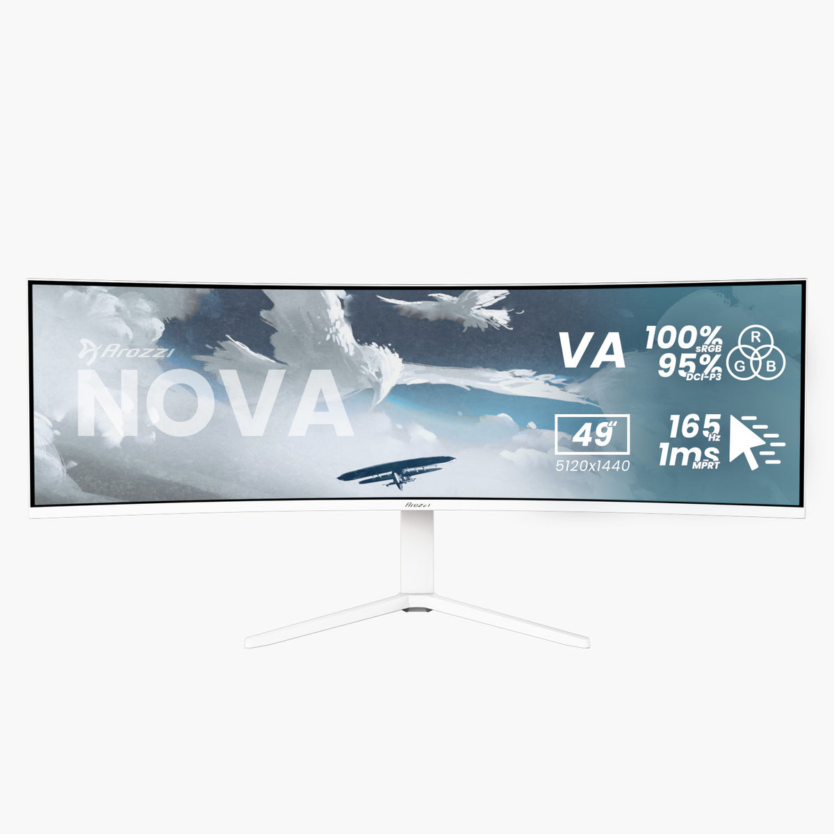 Arozzi Europe Nova 49″ Curved VA 165Hz ultrawide gaming monitor on sky and bird backdrop.
