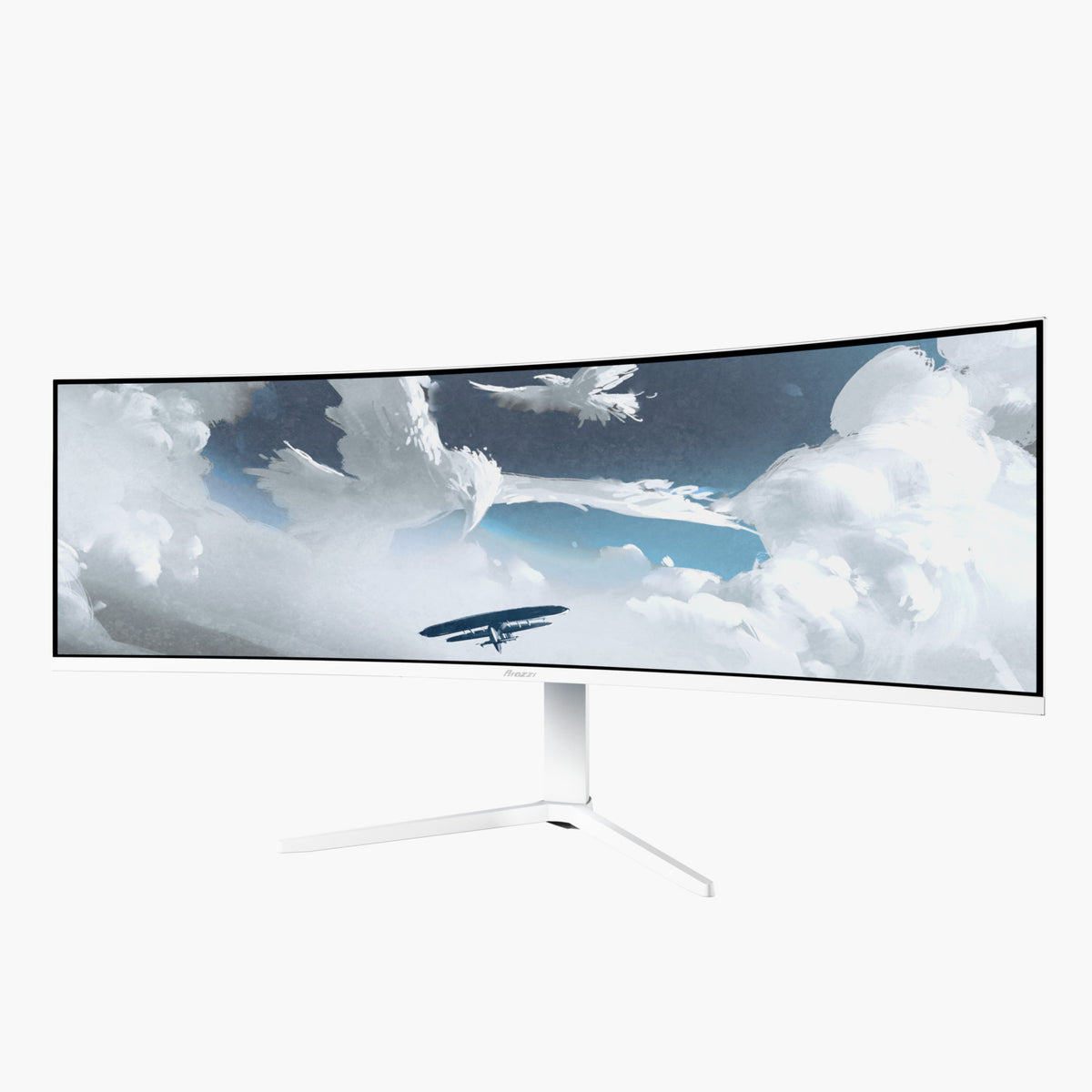Arozzi Nova 49″ curved ultrawide gaming monitor shows digital clouds and flying birds.