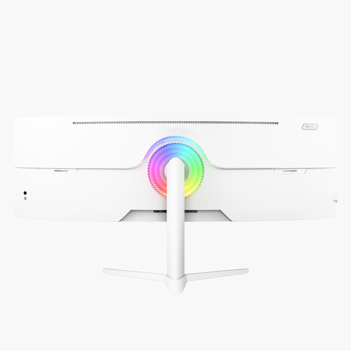 Back of Arozzi Europe Nova 49″ Curved VA gaming monitor with colorful LED ring on the stand.