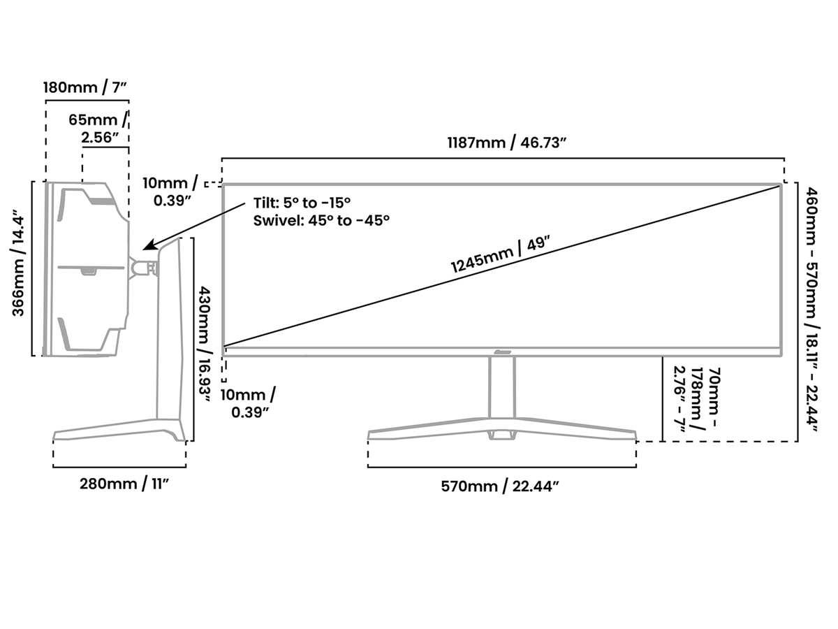 Diagram with monitor dimensions, angles, and measurements labeled in millimeters and inches.