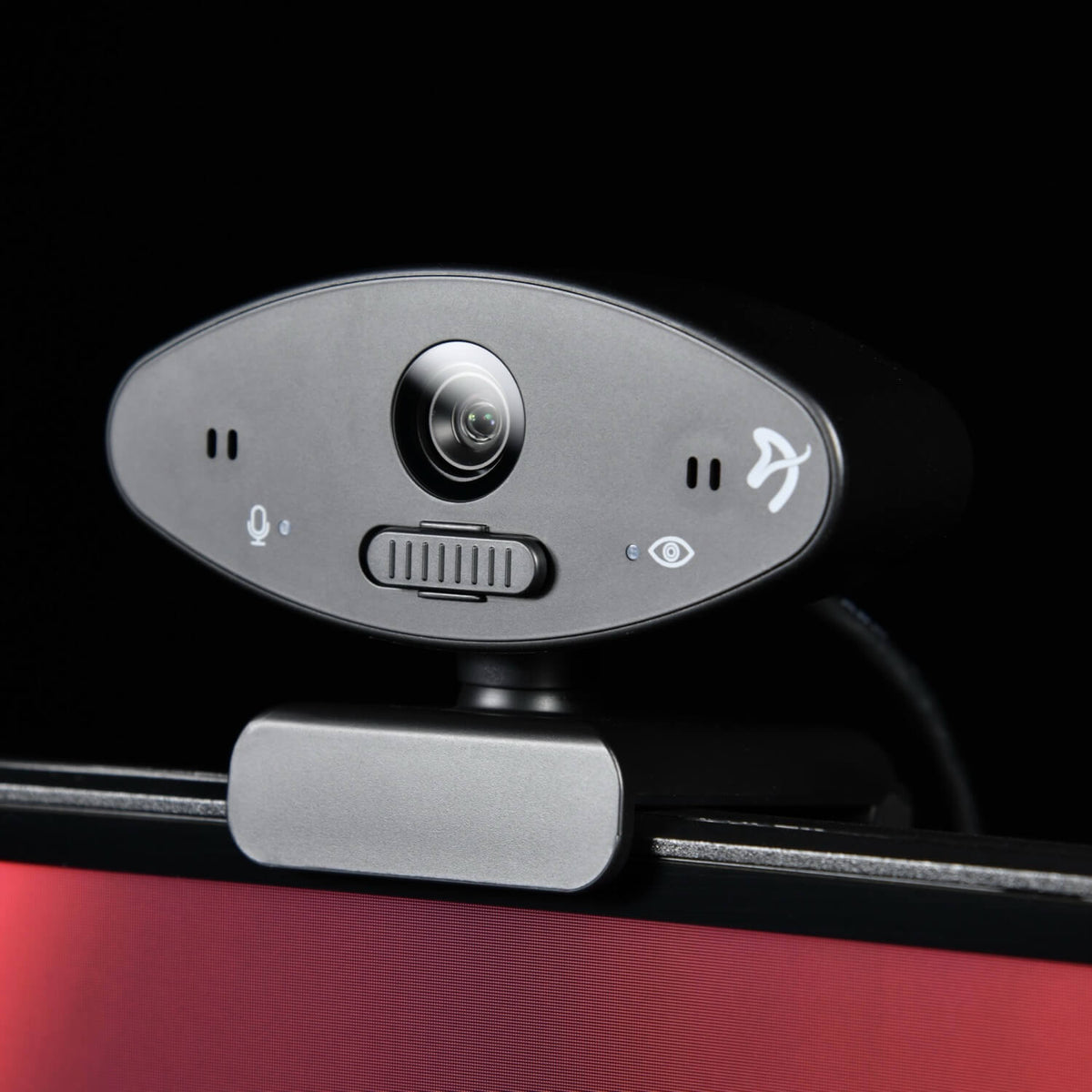 Occhio by Arozzi: black webcam, lens, privacy slider & mic circuit breaker on red monitor.