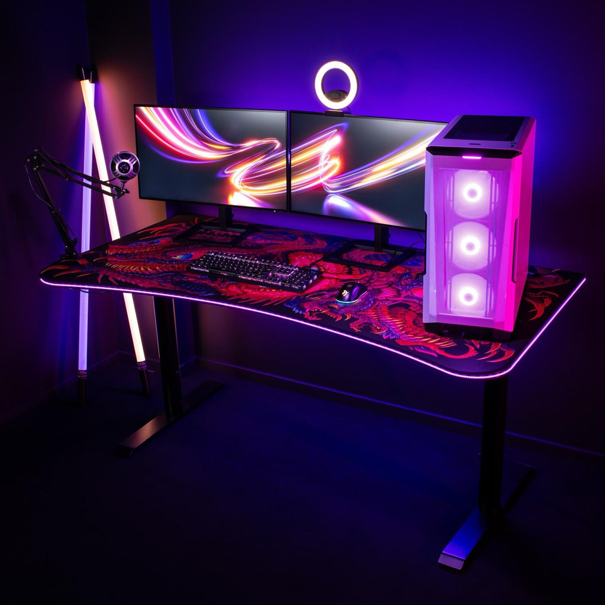 Dual monitors, RGB PC, Arozzi desk, Occhio Ring Light Webcam, mic in a dark room.