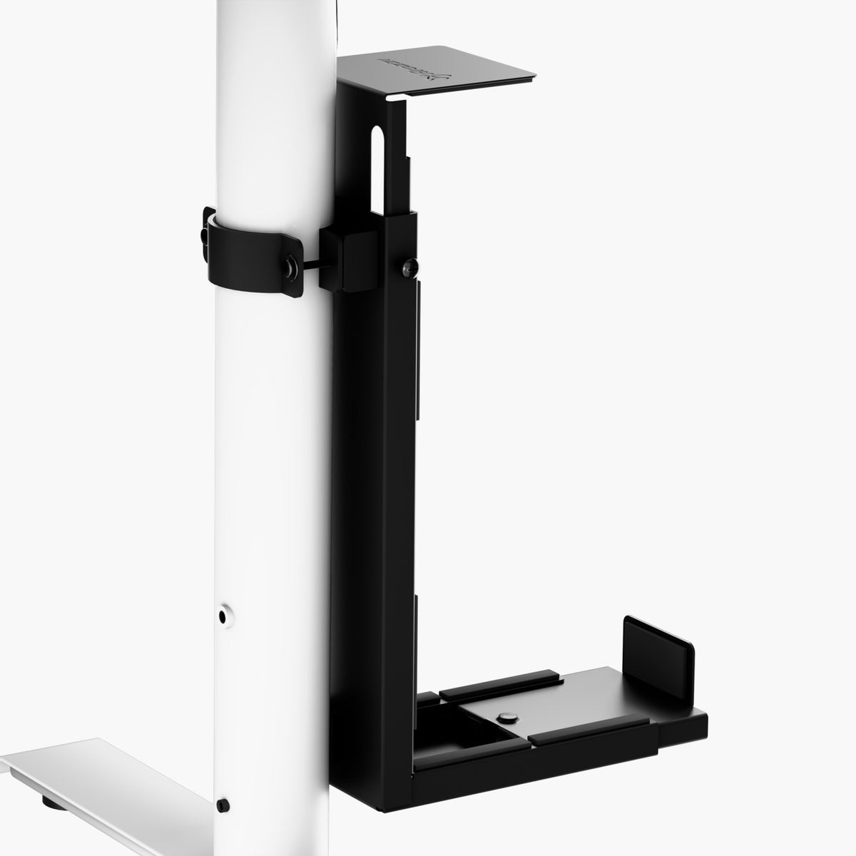 Arozzi Europe Arena PC Mount, black, attached to a white pole against a white background.