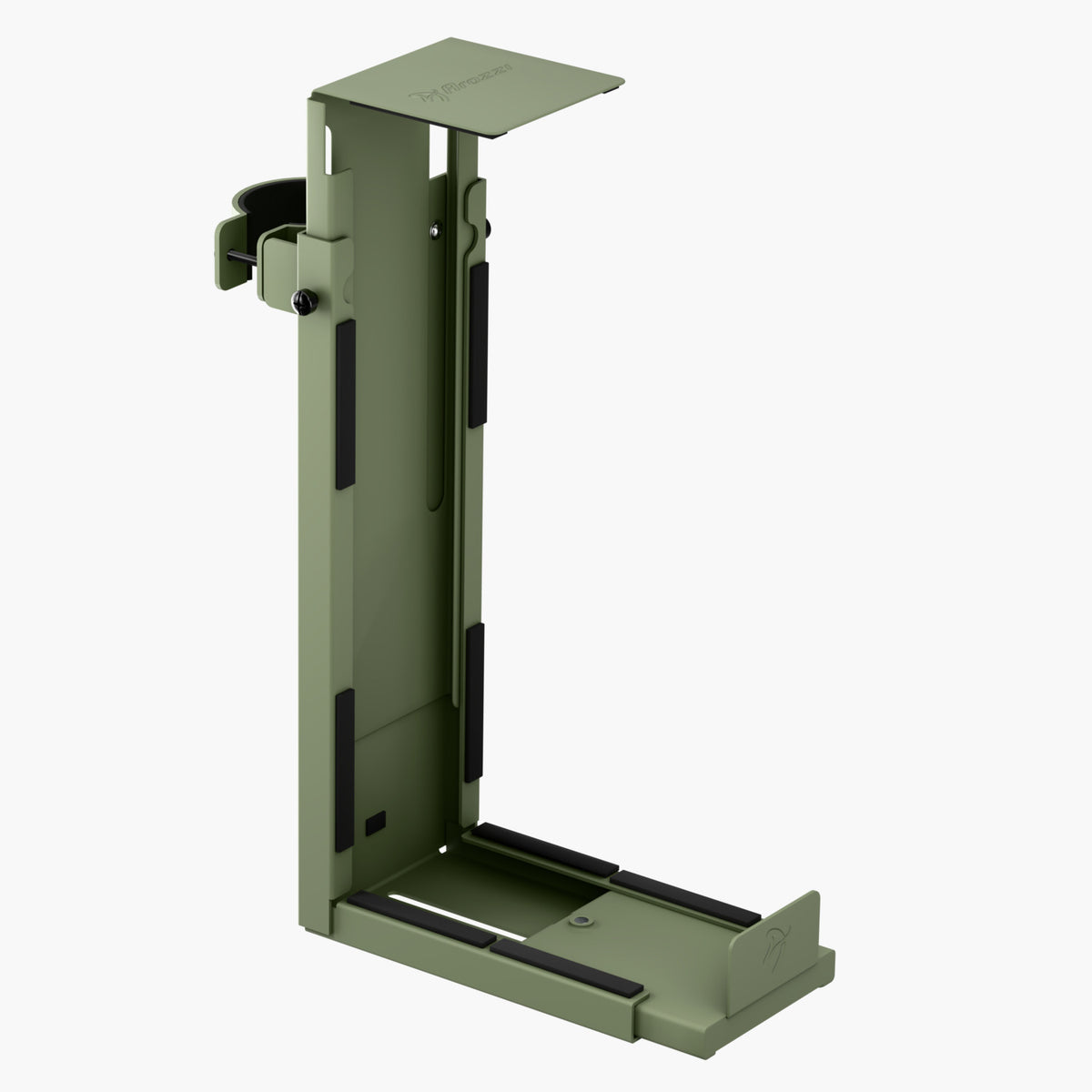 Arozzi Europe Arena PC Mount: olive green vertical metal stand, adjustable base & clamps.