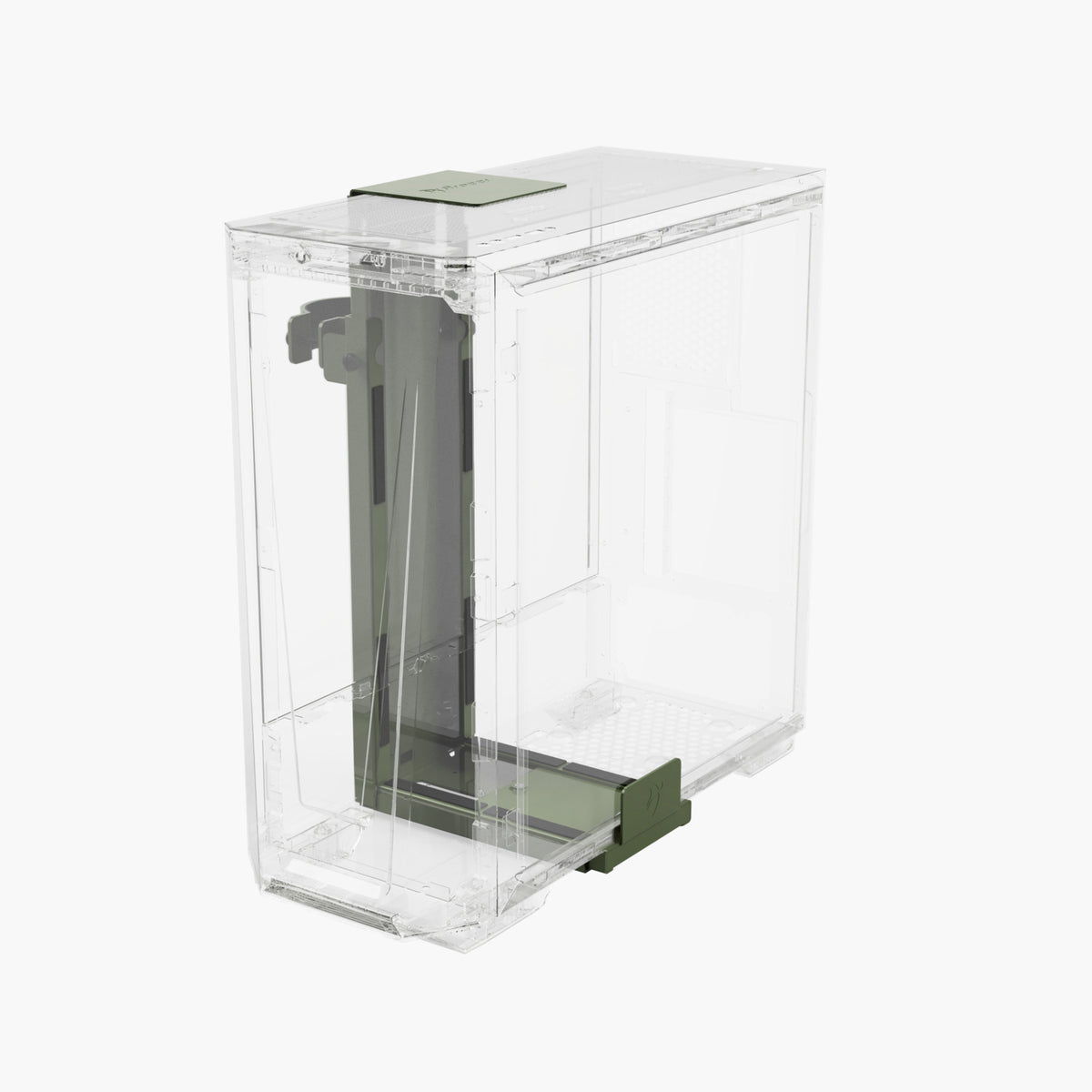Arozzi Europe Arena PC Mount: clear case, olive supports, angled view, adjustable mount.