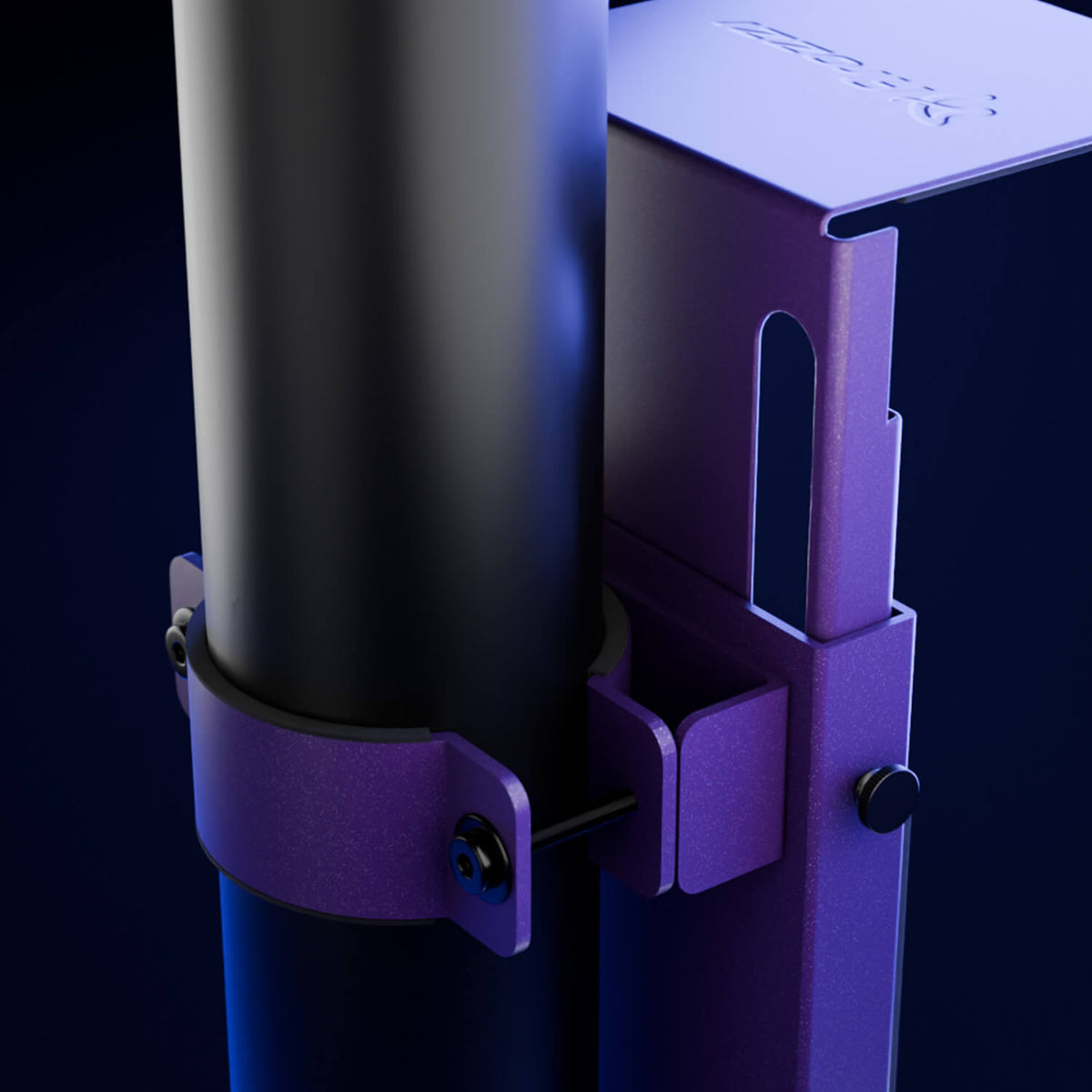 Close-up of a purple metal clamp securing a vertical black cylindrical pole.