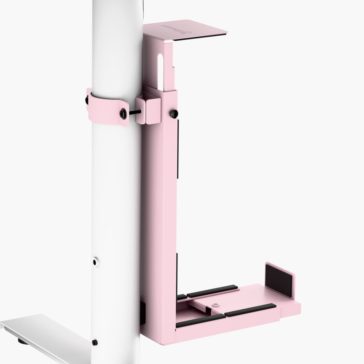 Arozzi Arena PC Mount, a pink adjustable metal bracket, attaches to a white vertical pole.