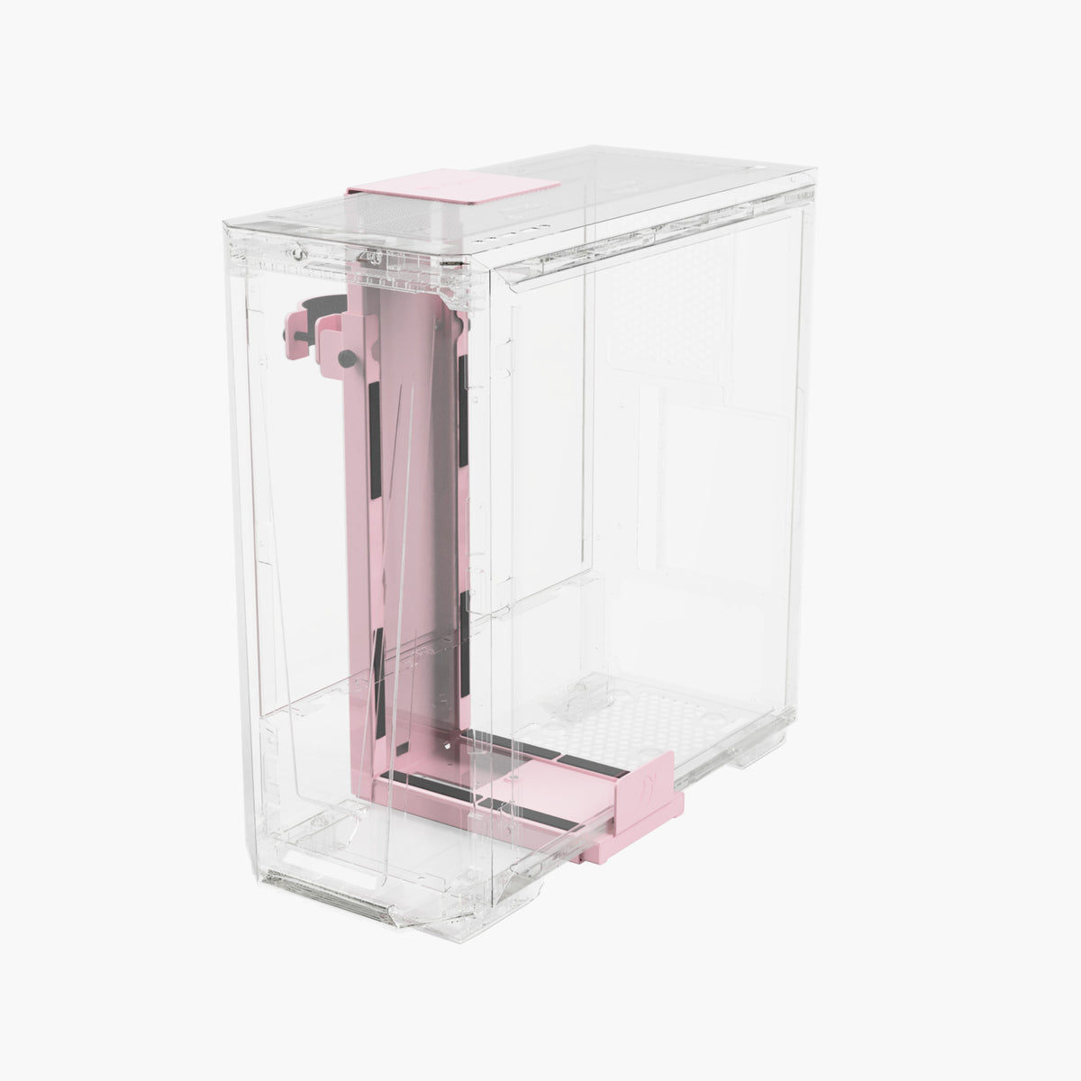 Arozzi Europe Arena PC Mount: clear case, pink frame—ideal cable management for any white desk.