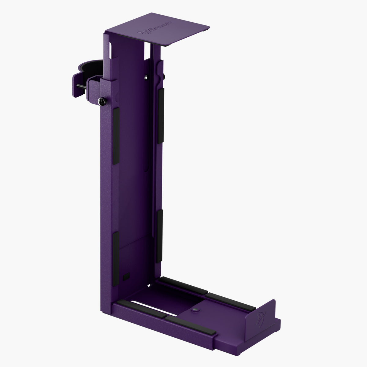 Arozzi Europe Arena PC Mount: vertical, purple, metal, adjustable, clamp-on with padded interior.