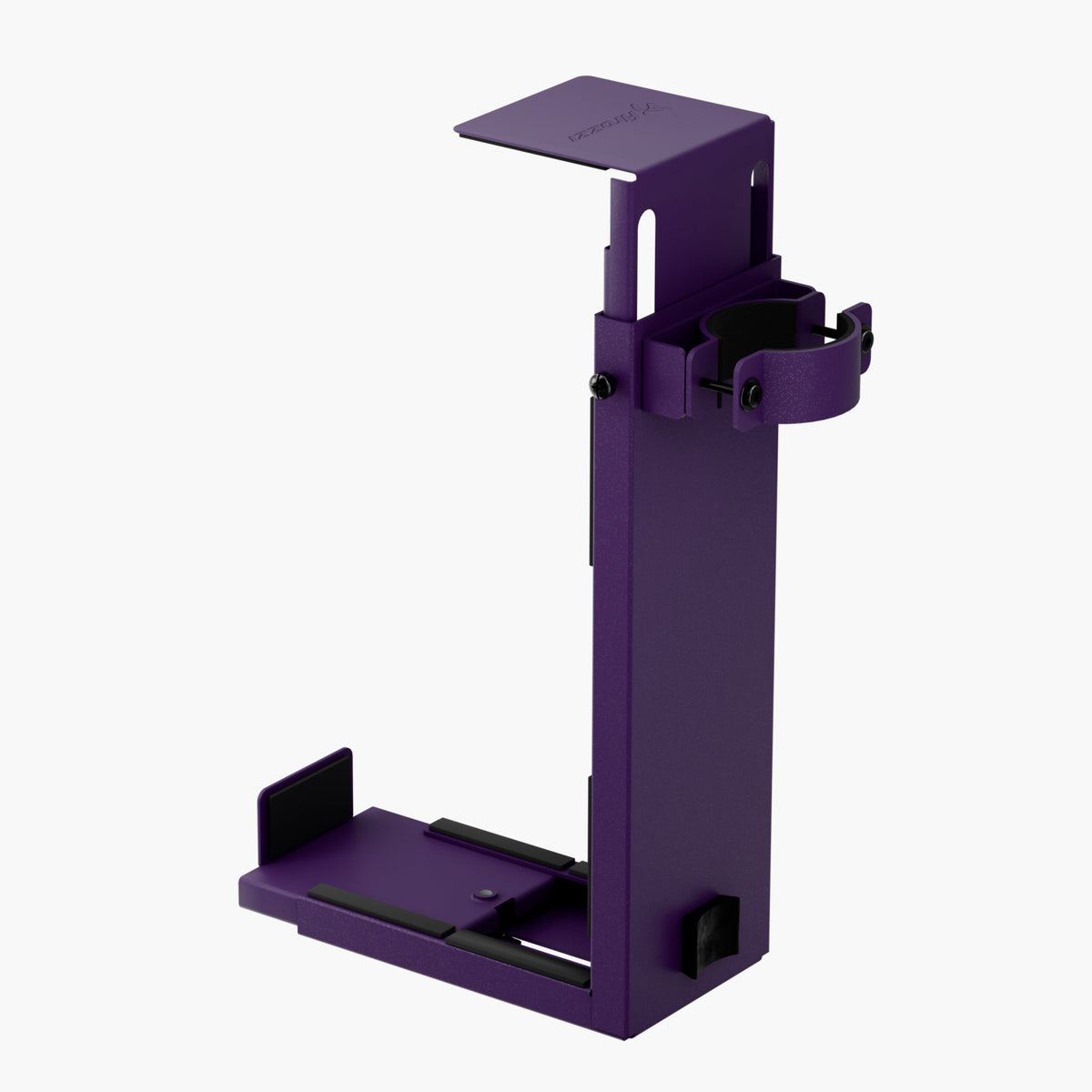 Arozzi Europe Arena PC Mount: purple metal bracket with clamp and base, on white background.