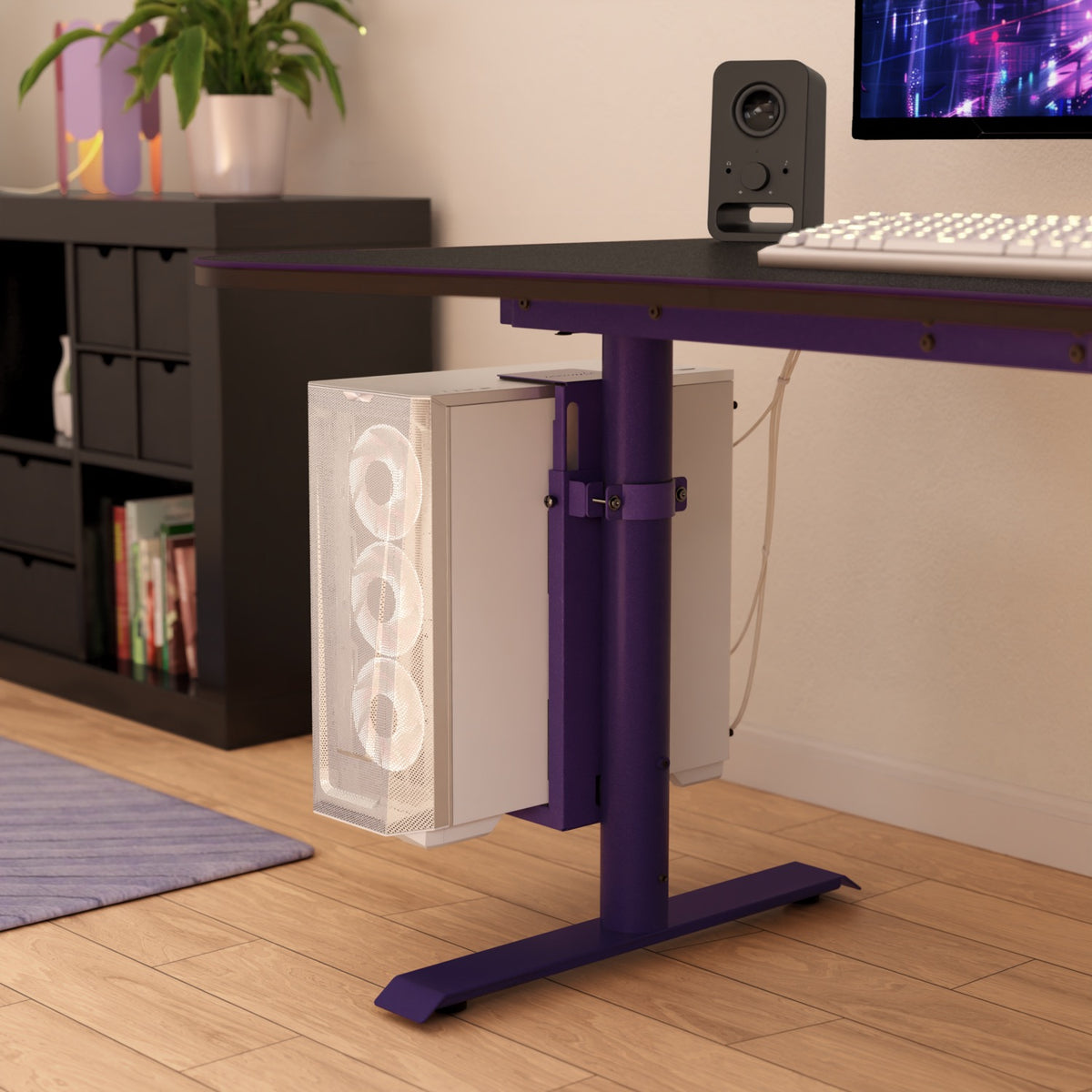 Arozzi Europe Arena PC Mount holds white case w/3 fans under purple desk in modern room.