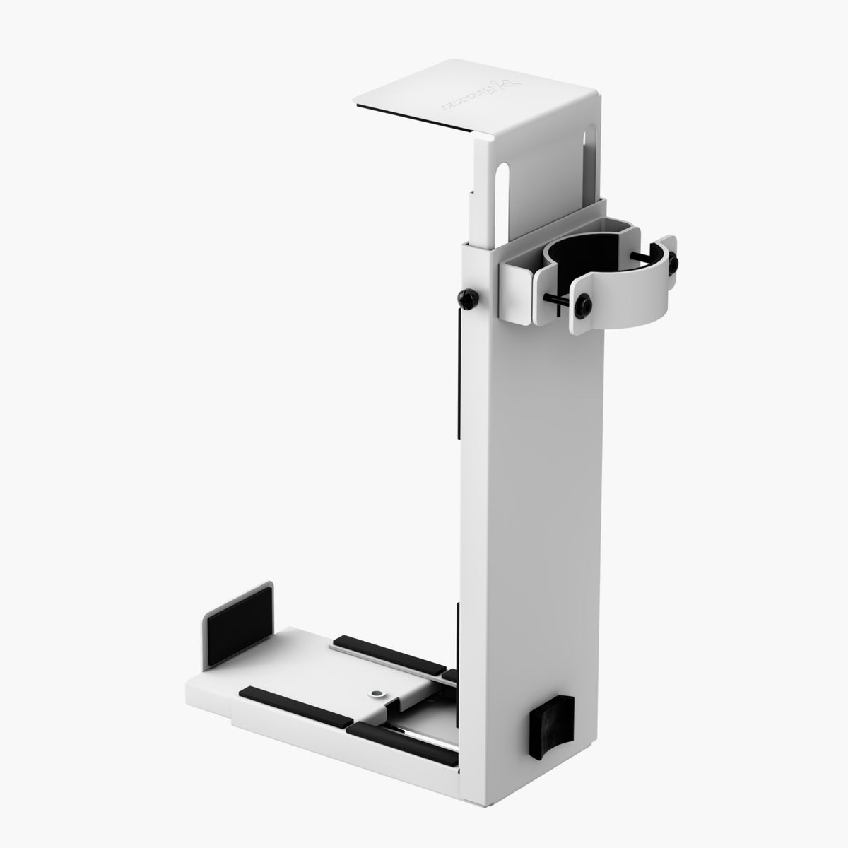 Arozzi Europe Arena PC Mount: white vertical holder with cable clamp for neat desk organization.