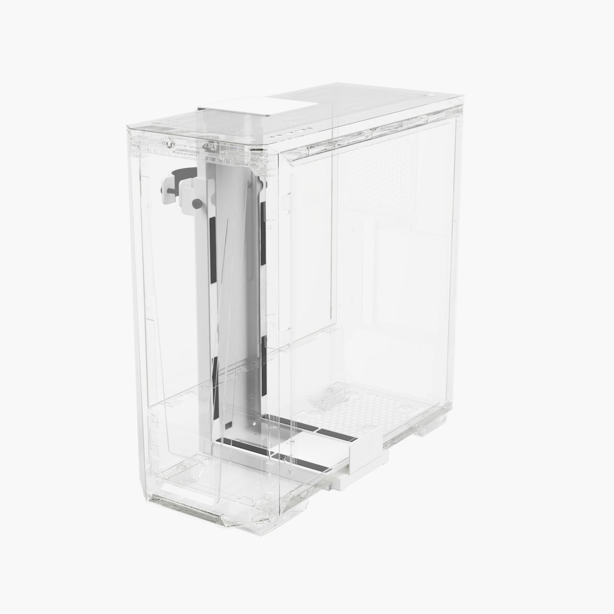 Arozzi Europe Arena PC Mount: Transparent tank, white interior, adjustable mount, angled view.