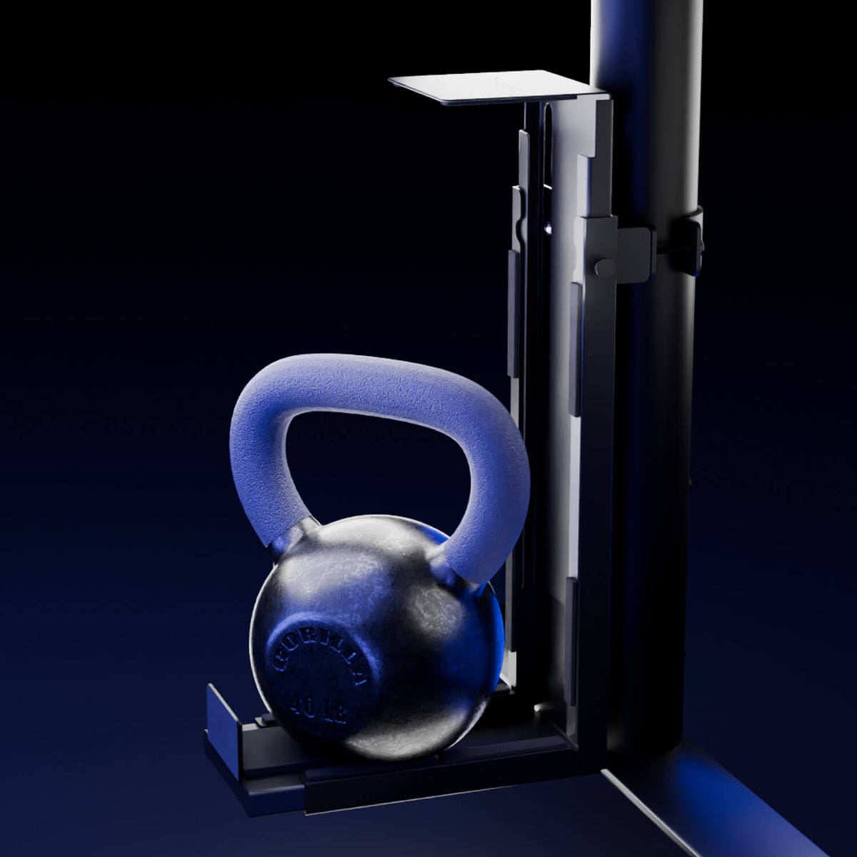 A 40 lb kettlebell with a blue handle rests in a metal holder against a dark background.