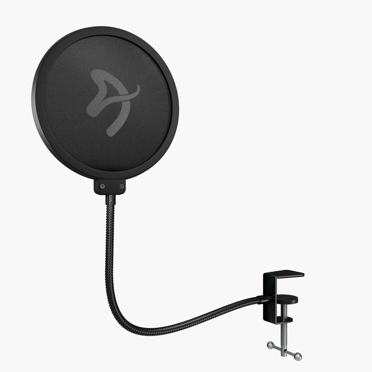 Arozzi Europe Pop Filter: black round filter with flex arm, essential for studio recording.
