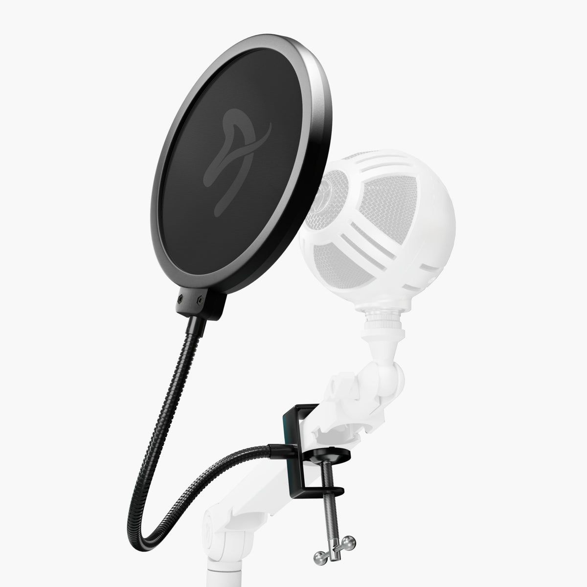 Arozzi Europe Pop Filter, a round mic accessory, is mounted in front of a white microphone.