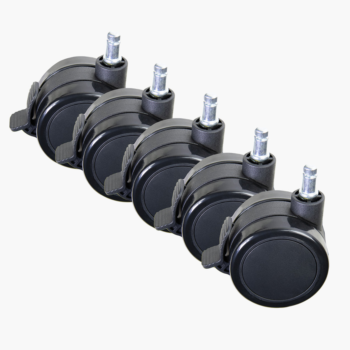 Five XL Wheels - Lockable by Arozzi Europe, with metal stems, lined up on a white background.