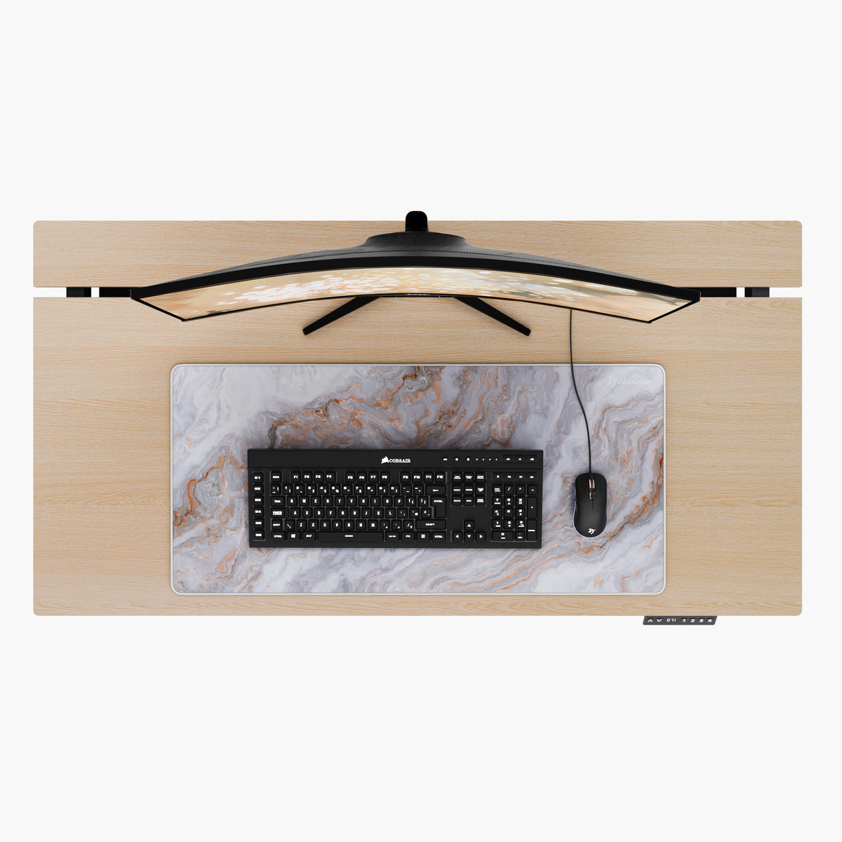 Wooden desk with curved monitor, keyboard, mouse, and Arozzi Europe Zona Mousepad (XL), top view.