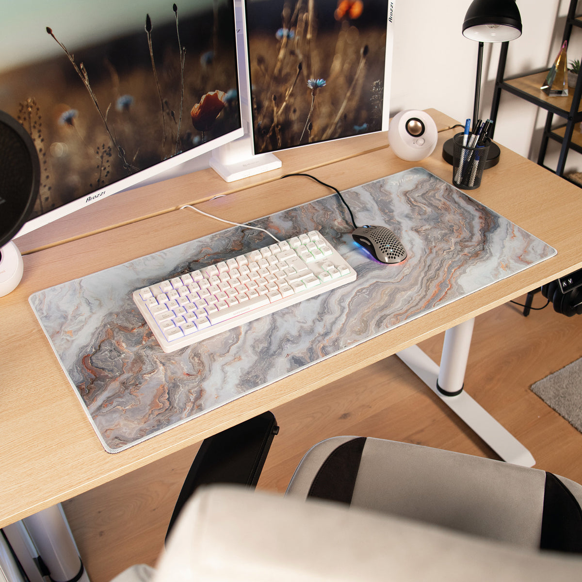 Arozzi Europe Zona Mousepad - Extra Large in a dual monitor, keyboard, modern desk setup.