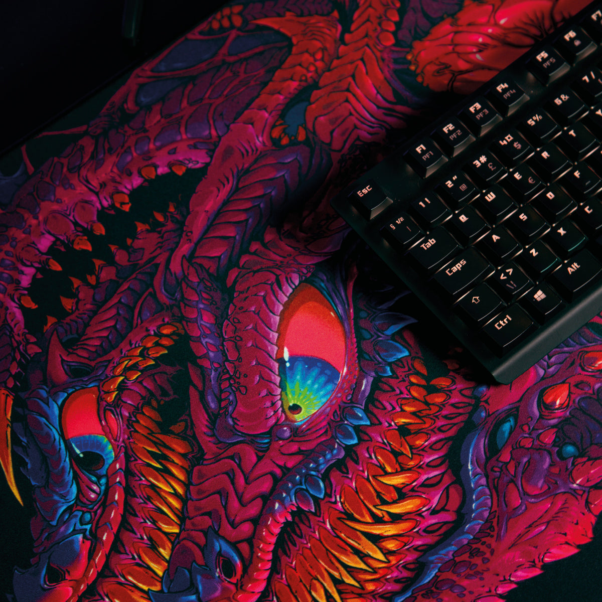 Zona Mousepad - Extra Large by Arozzi Europe with colorful dragon, fits under black keyboard.