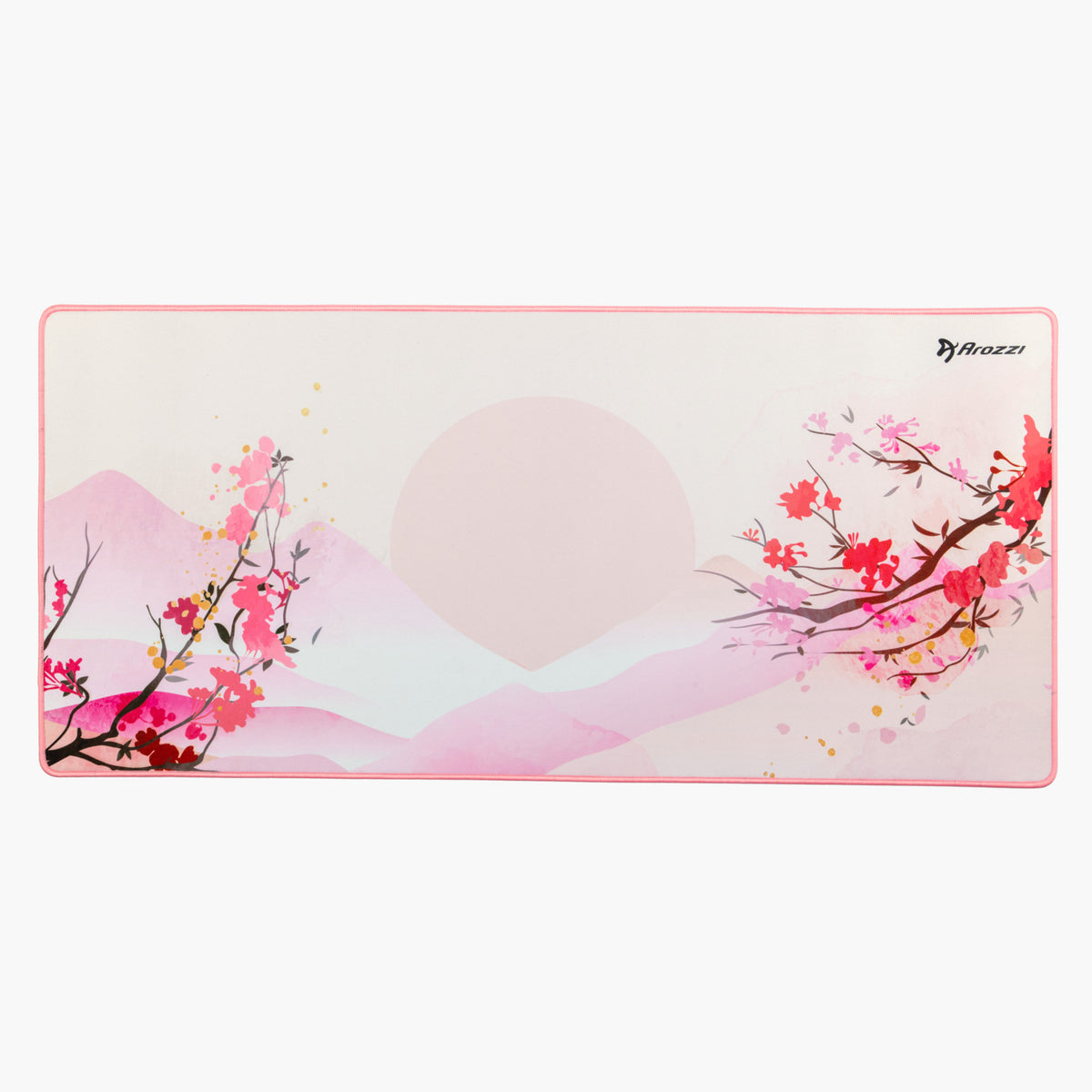 Arozzi Europe Zona Mousepad XL: pink cherry blossoms, pale mountains, white background.