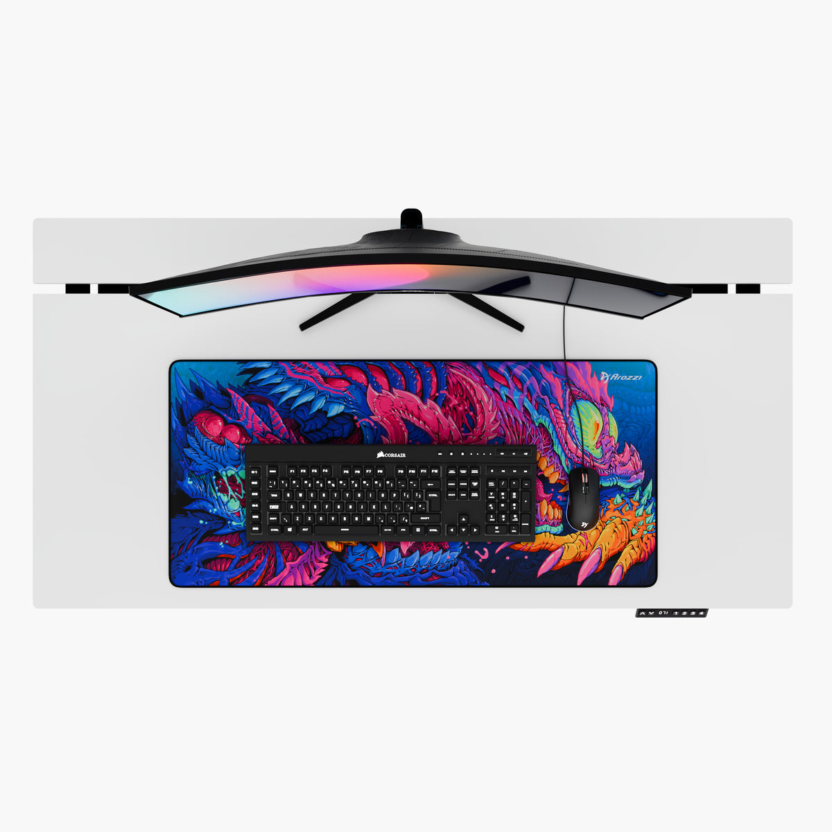 Top view of desk with monitor, keyboard, mouse, and Arozzi Zona Mousepad - Extra Large.