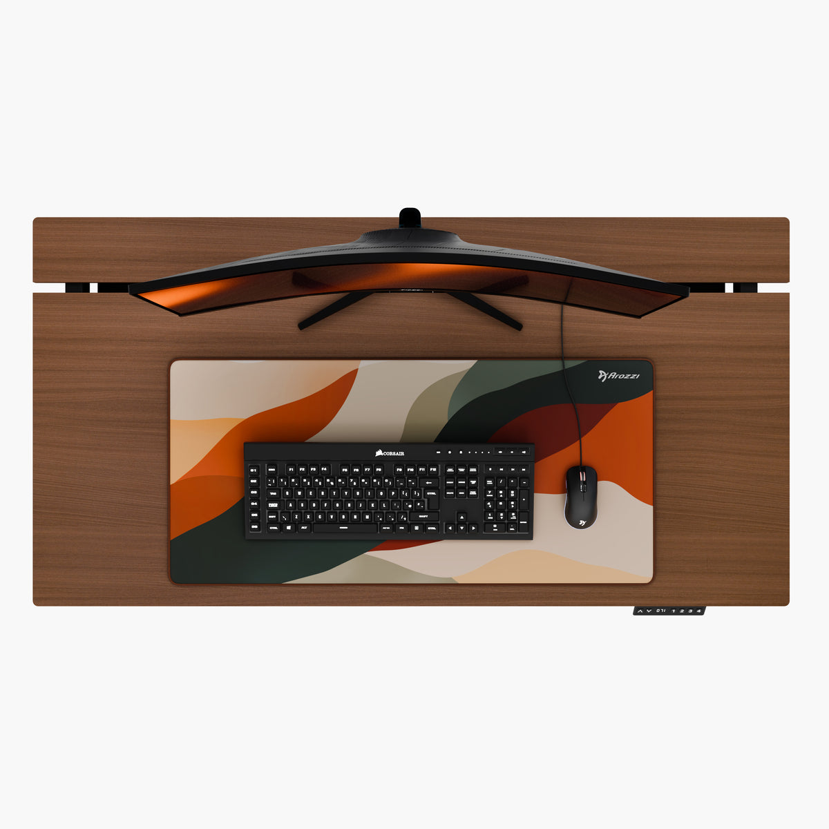 Curved monitor, keyboard, mouse on Arozzi Europe Zona Mousepad - Extra Large on wooden desk.