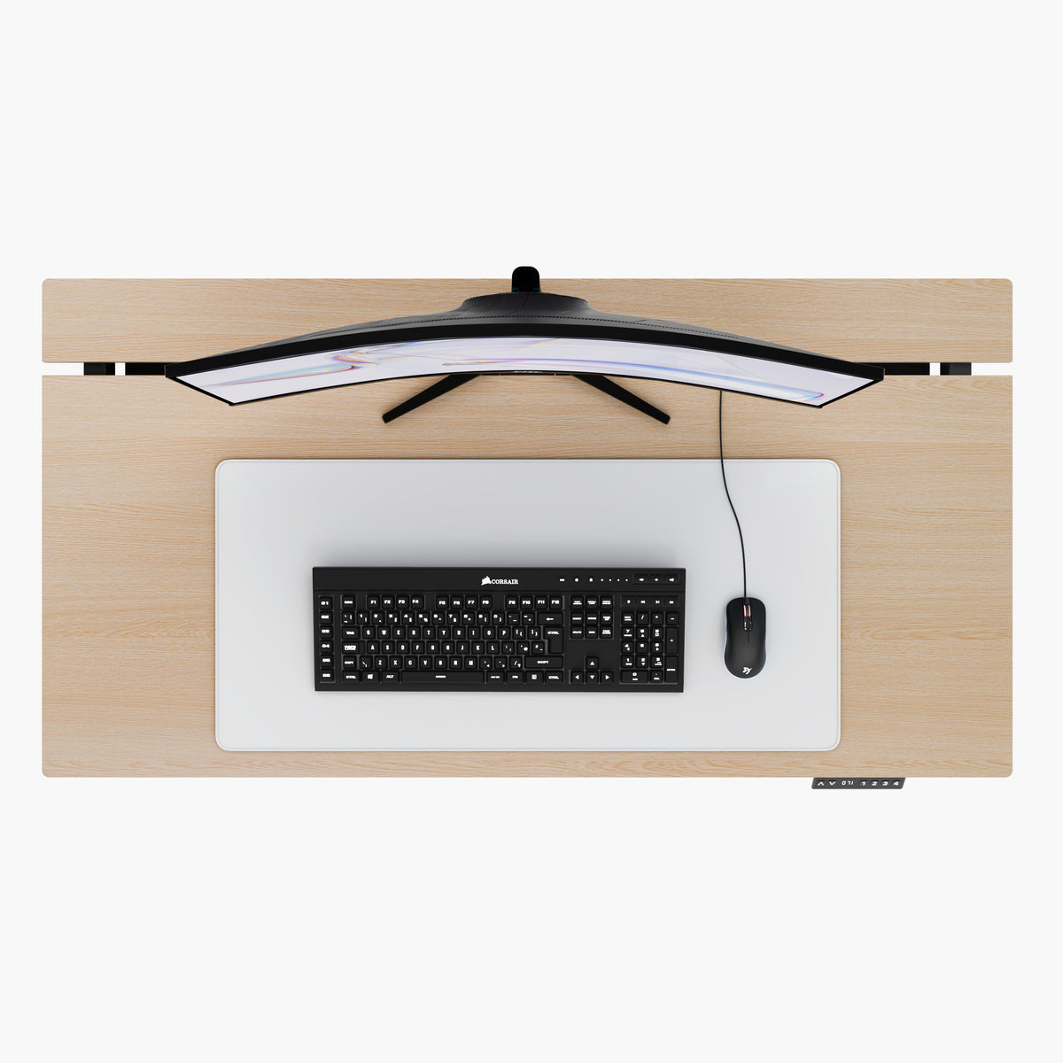 Top view: Arozzi Europe Zona Mousepad - Extra Large, with keyboard, curved monitor on wood desk.
