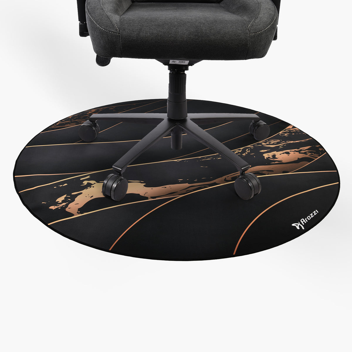 Arozzi Europe Zona Round Floor Pad—world map mat under black office chair, white background.