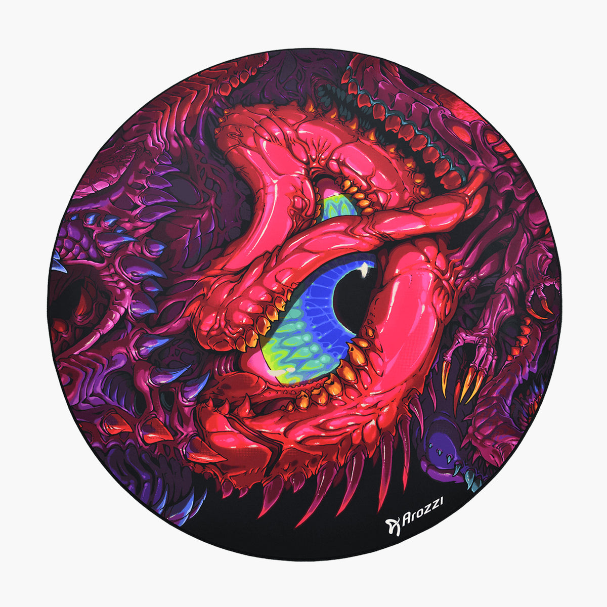 Arozzi Europe Zona Round Floor Pad with a colorful, fierce dragon eye and vibrant red scales.