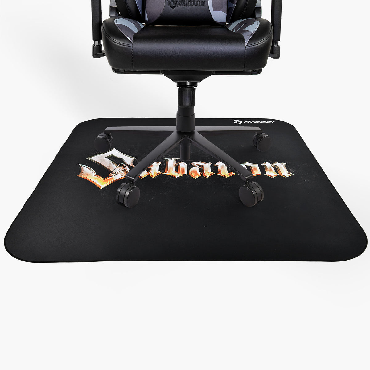Arozzi Europe chair on Zona Square Floor Pad, both black, viewed from above with Labanin text.