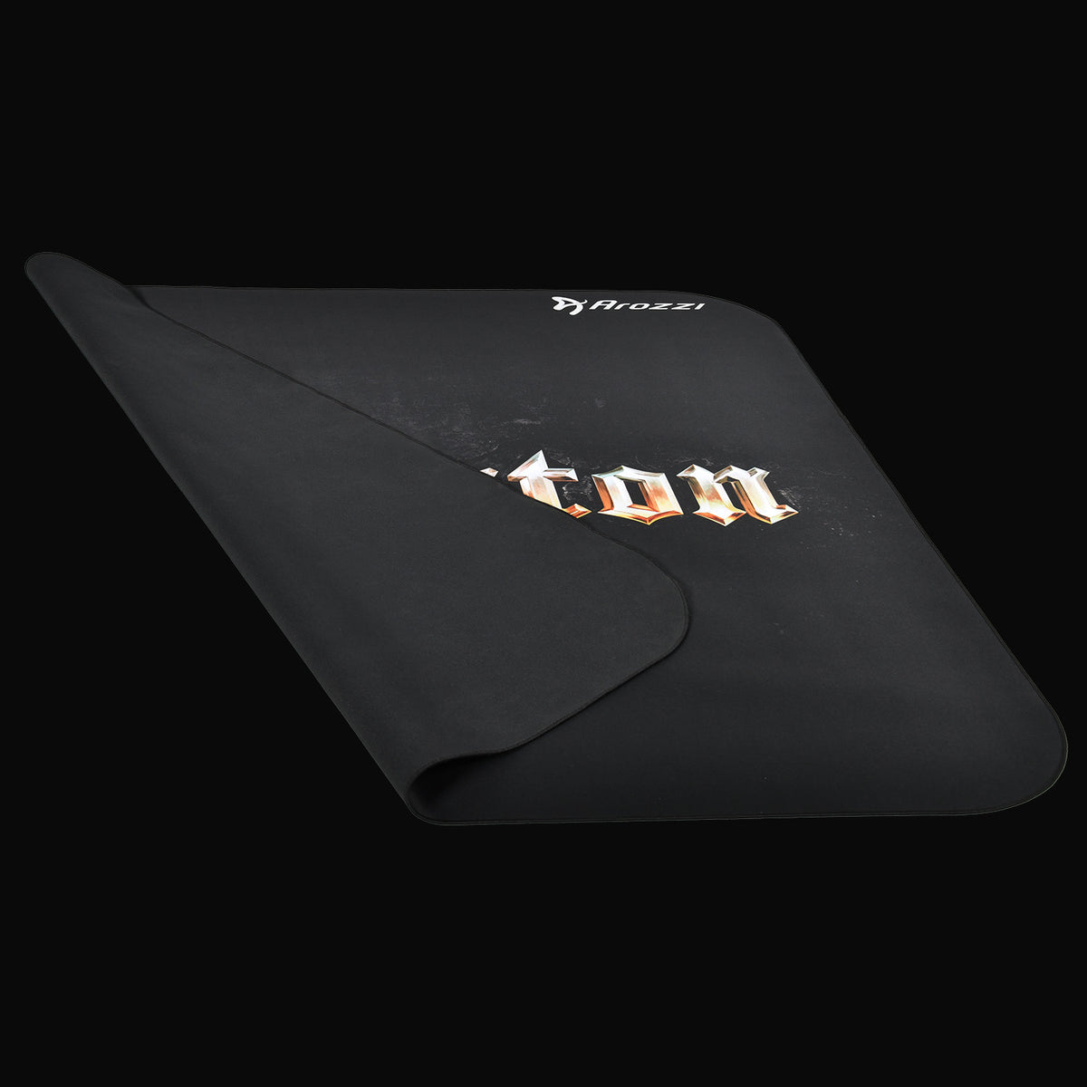 Arozzi Zona Square Floor Pad - Sabaton Edition, black with gold gothic text and folded corner.