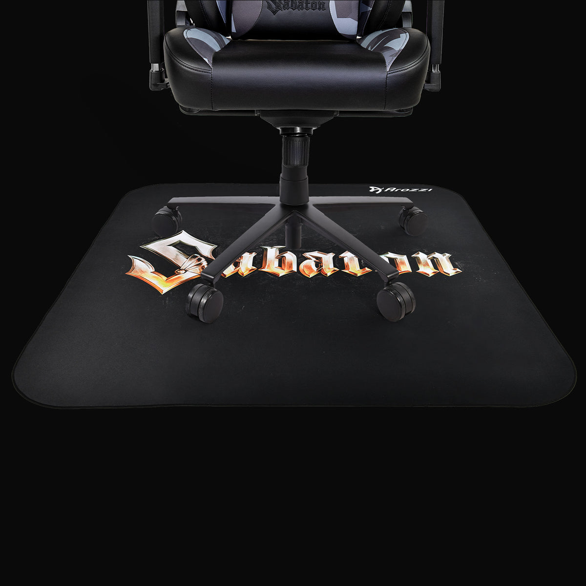 Black chair on Arozzi Europe Zona Square Floor Pad - Sabaton Edition under the wheels.