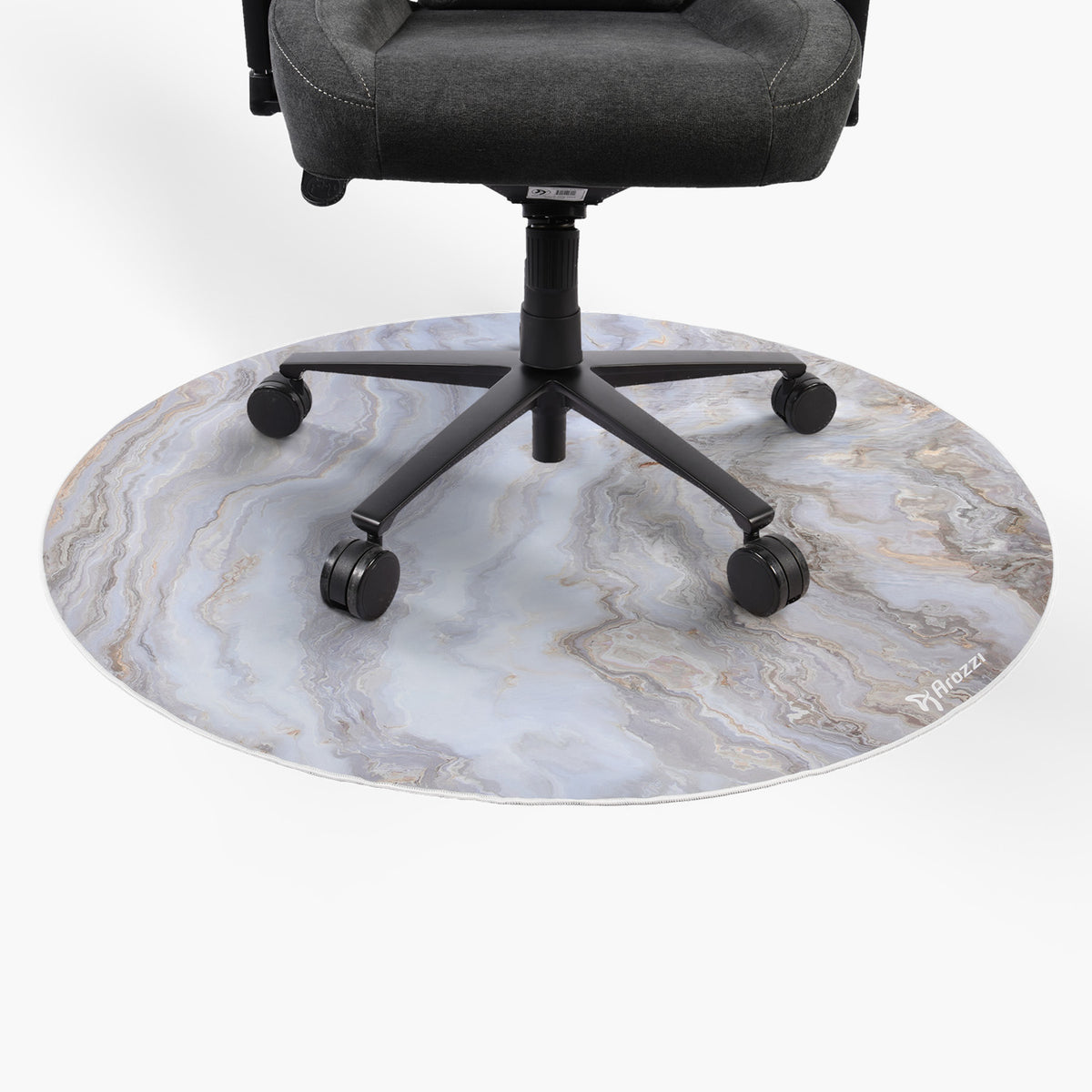 Arozzi Europe Zona Round Floor Pad protects your office floor under a gray chair.